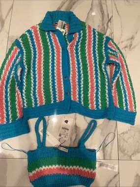 ZARA Blue Multicolor Striped Knit Cardigan and Tank Set